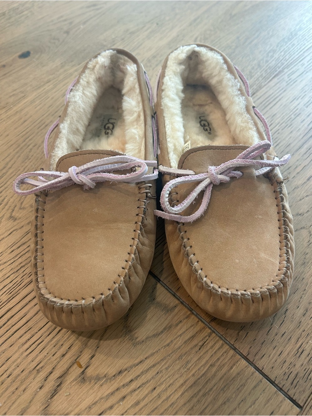 UGG Suede Moccasin Slipper in Chestnut with Light Pink Laces